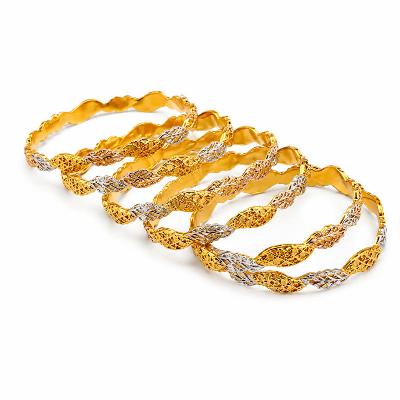Elegant Twisted Tri-Tone Bangle Set – 6 Pieces