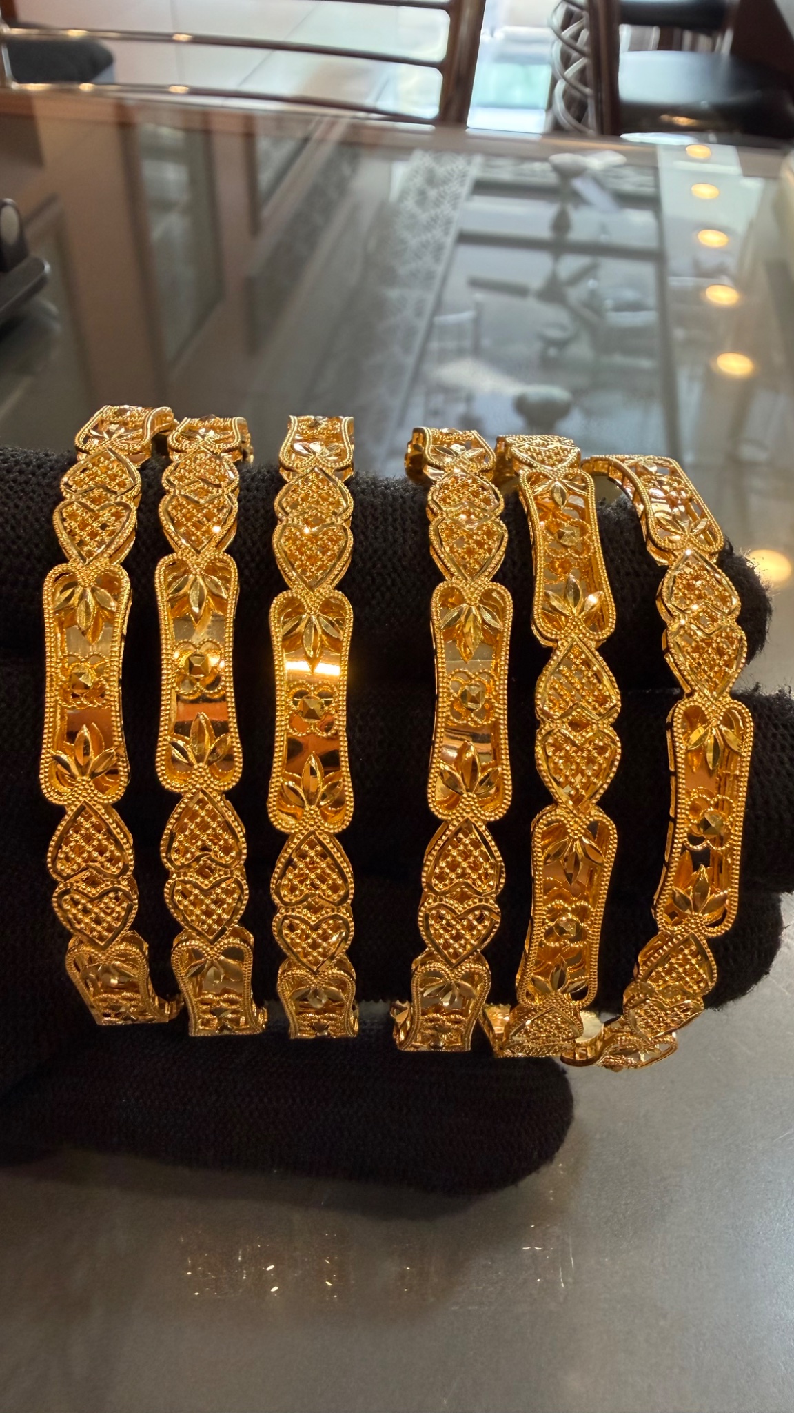 Exquisite Handcrafted Gold Bangle Set with Heart and Floral Motifs - Image 3