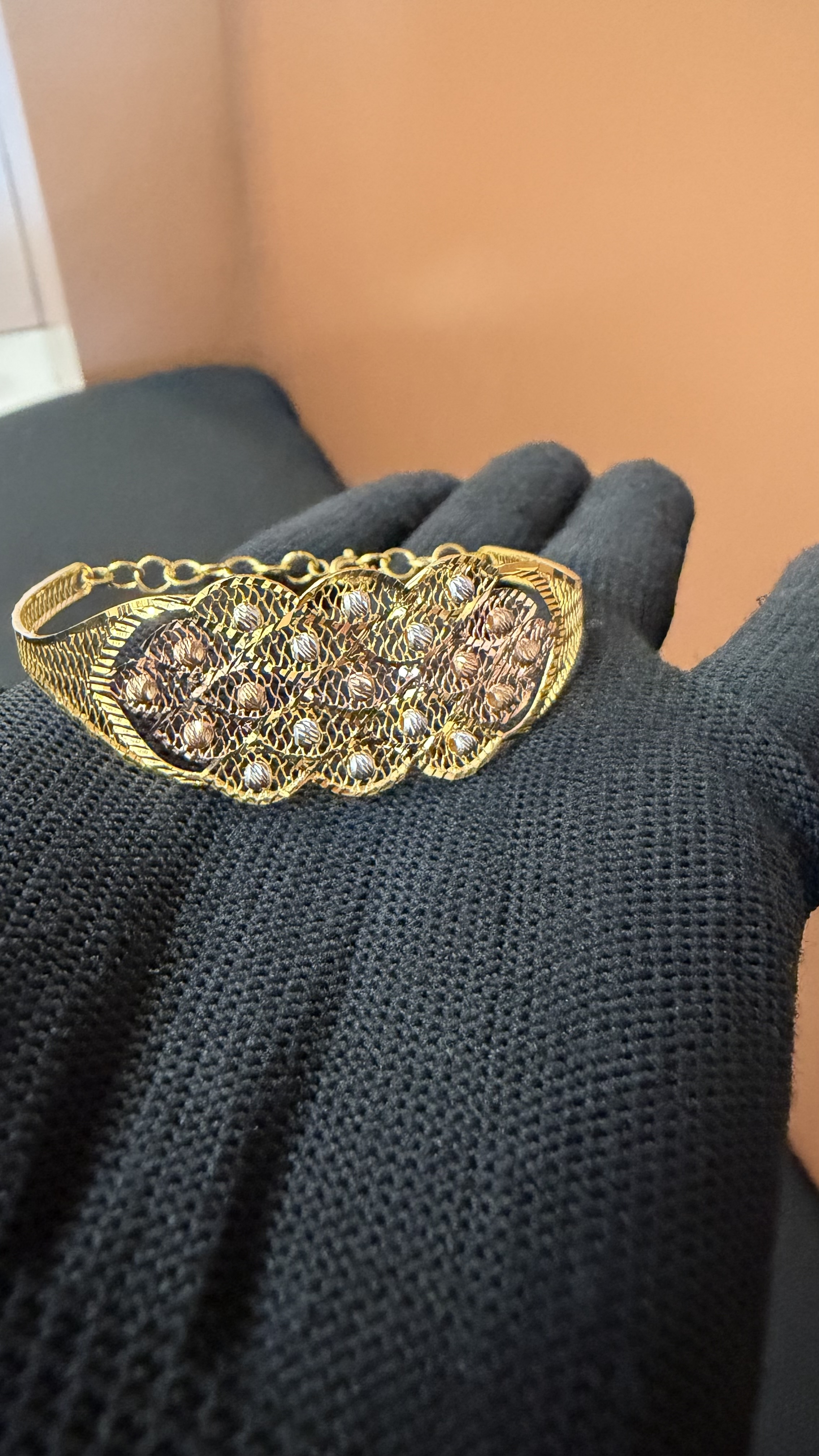 Exquisite Tri-Tone Gold Filigree Statement Cuff Bracelet - Image 3