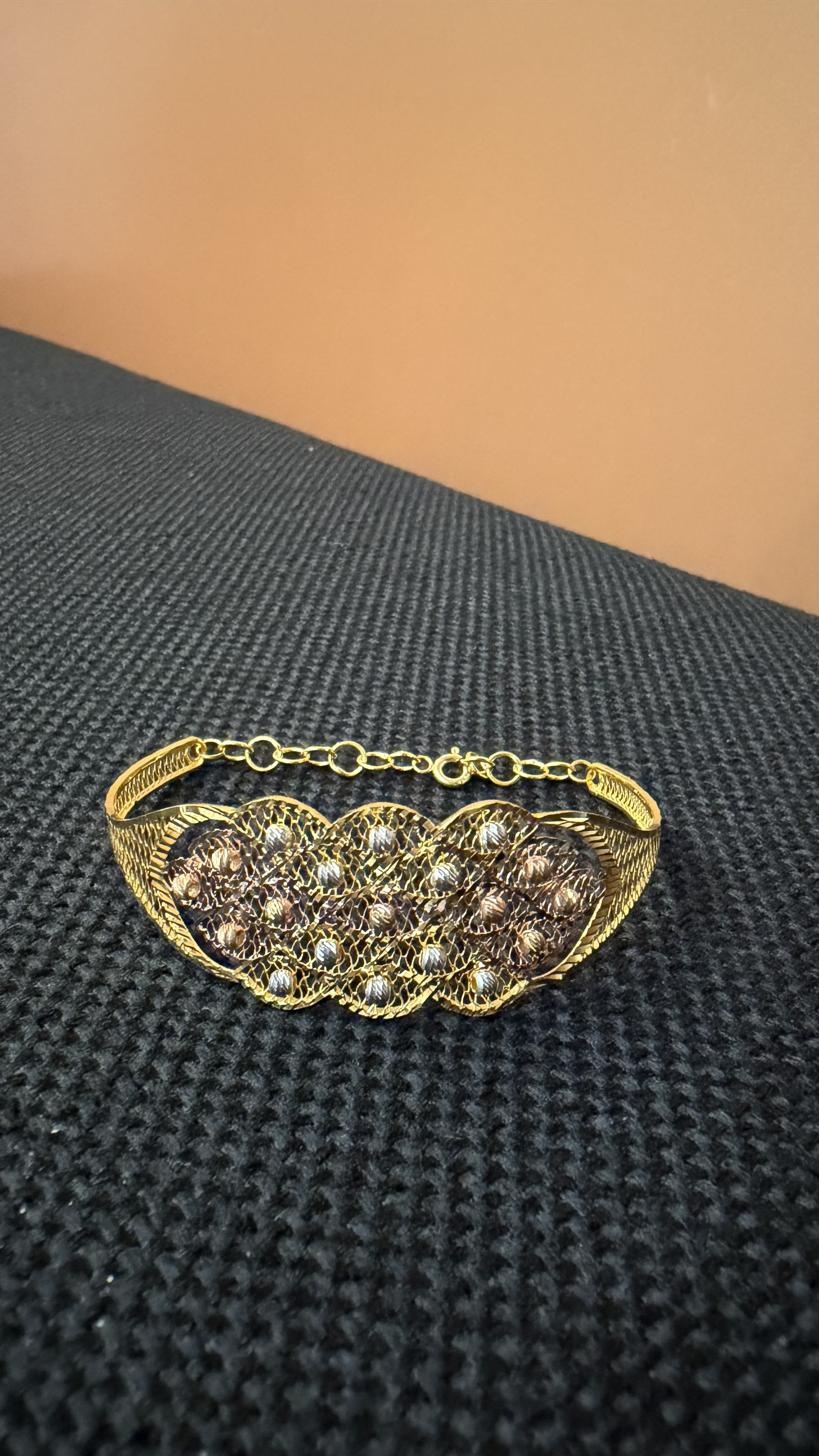 Exquisite Tri-Tone Gold Filigree Statement Cuff Bracelet - Image 2