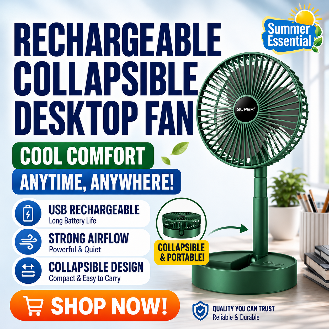 Foldable Desktop Rechargeable Small Fan - Portable 3-Speed Telescopic Collapsible Table Fan, Quiet Personal Air Circulator for Home, Office & Power Cuts - GREEN - Image 1