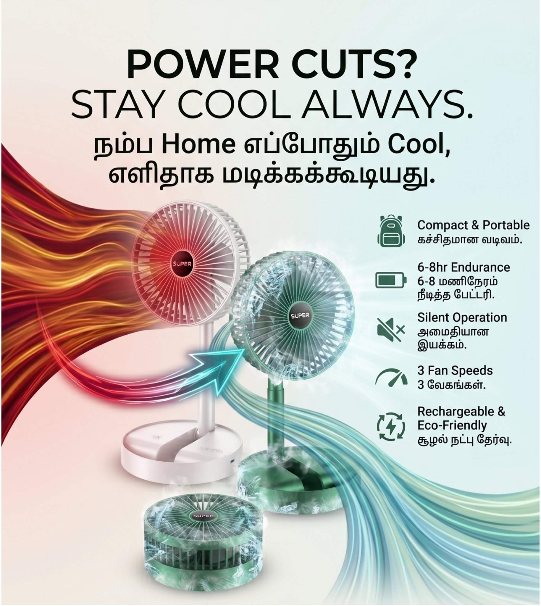 Foldable Desktop Rechargeable Small Fan - Portable 3-Speed Telescopic Collapsible Table Fan, Quiet Personal Air Circulator for Home, Office & Power Cuts - WHITE - Image 3