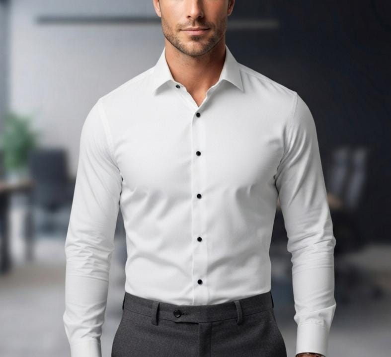 Giorhudson Long Sleeve Formal White Shirt  ( BlackButton) - Image 2