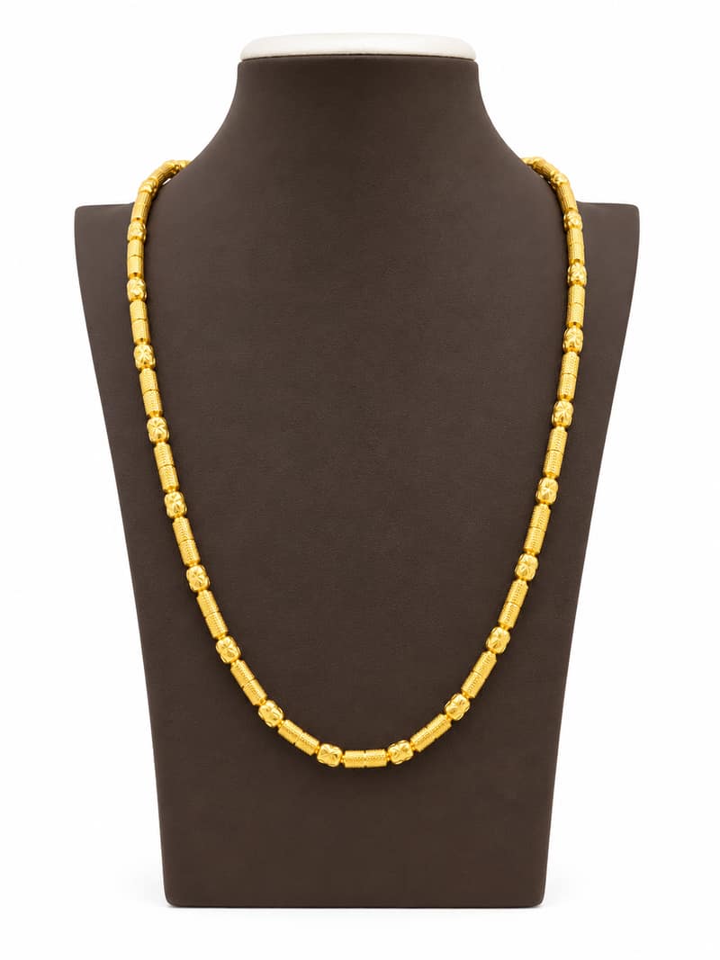 Gold Designer Bead Chain Necklace – Textured Floral Link Pattern