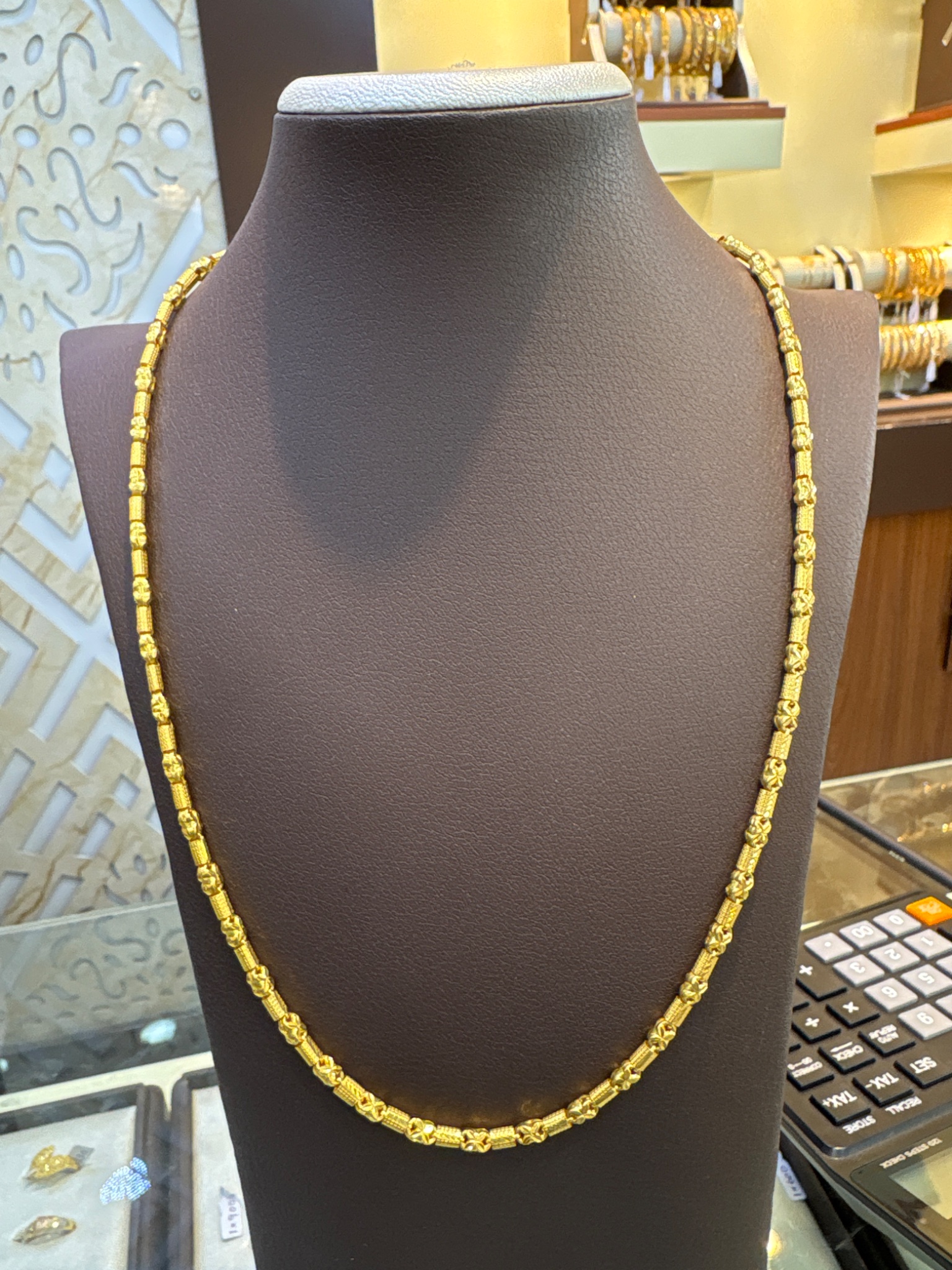 Gold Designer Bead Chain Necklace – Textured Floral Link Pattern - Image 5
