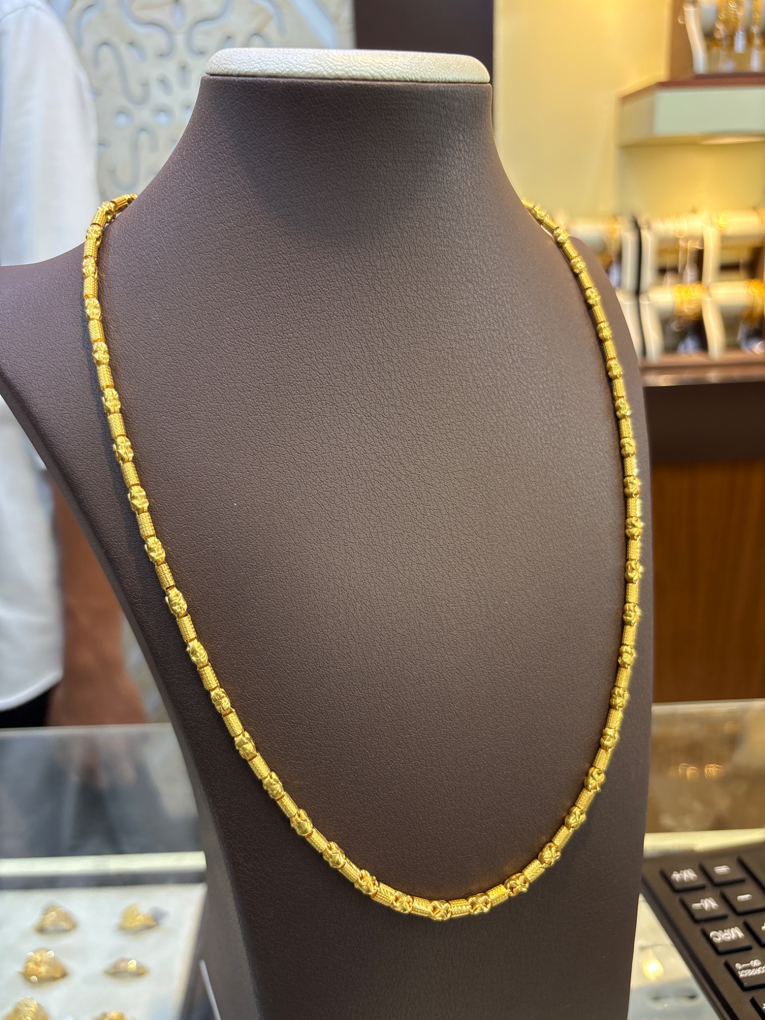 Gold Designer Bead Chain Necklace – Textured Floral Link Pattern - Image 2
