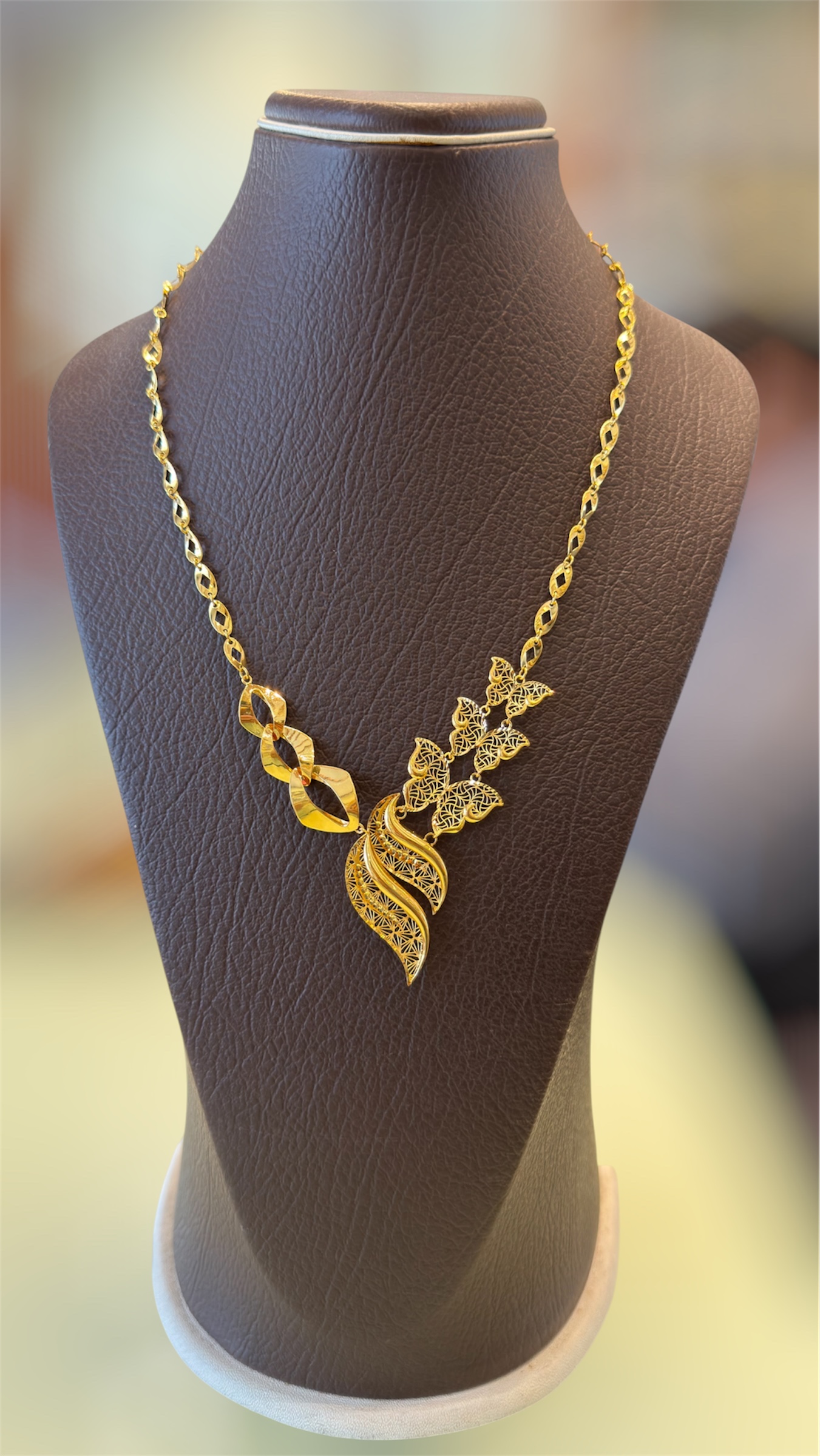 Golden Filigree Leaf & Butterfly Statement Necklace - Image 2