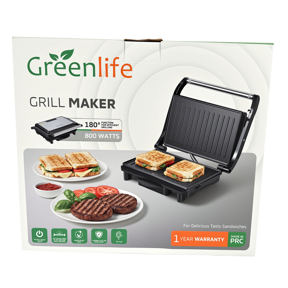 Greenlife 800W Grill Maker & Sandwich Griller with 180° Open Plate - Image 1