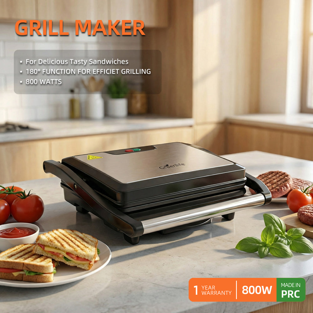 Greenlife 800W Grill Maker & Sandwich Griller with 180° Open Plate - Image 5