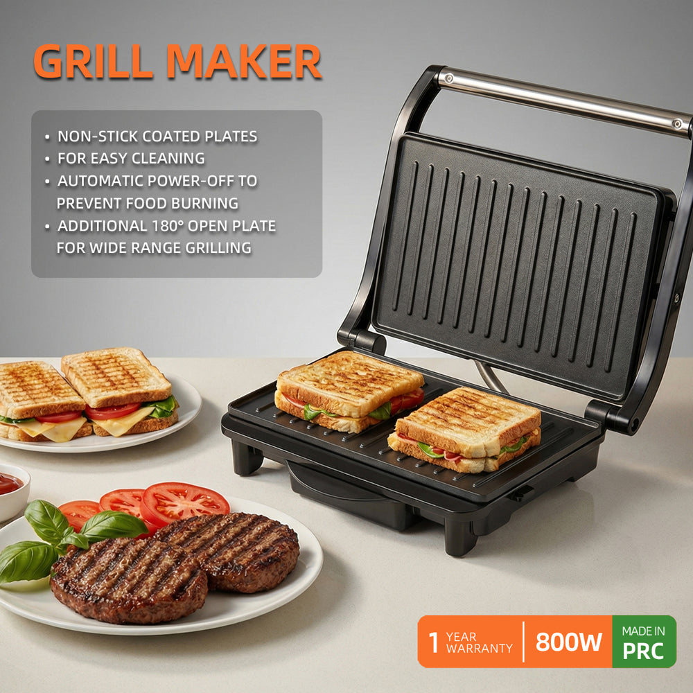 Greenlife 800W Grill Maker & Sandwich Griller with 180° Open Plate - Image 4