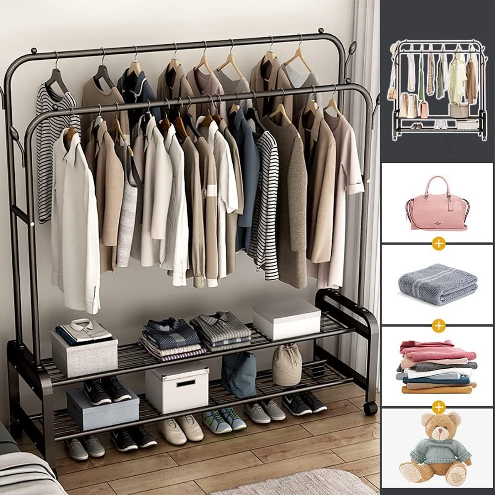 Heavy Duty Clothing Rack Bedroom Cloth Rack Free-standing Clothes Rail Multifunctional Organizer with Shelf Hooks for Coats, Skirts, Shirts, Sweaters - Image 2