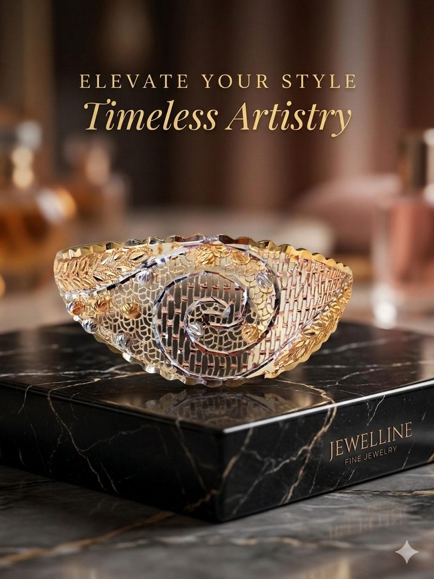 Intricate Tricolor Gold Filigree Statement Cuff Bangle - Image 3