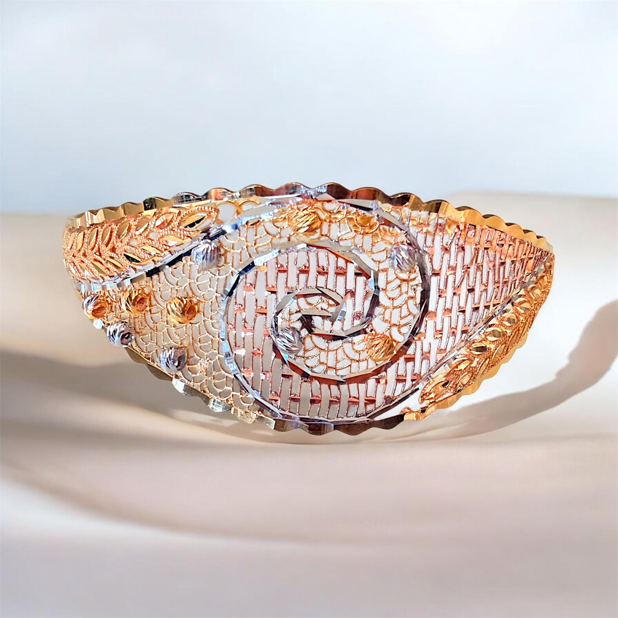 Intricate Tricolor Gold Filigree Statement Cuff Bangle - Image 2