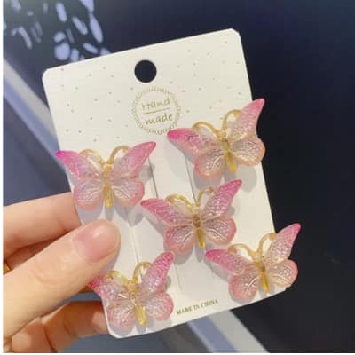 Pcs Colorful Gradient Crystal Butterfly Hair Clips Set - Cute 3D Moving Wings Hairpins, Elegant Fashion Headwear Accessories for Girls, Kids & Kids Birthday Gifts - PINK