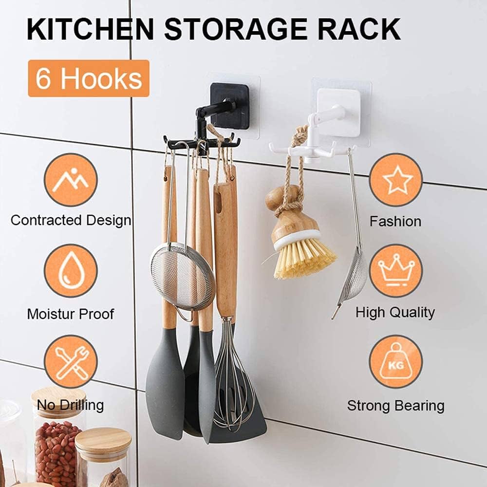 Plastic 360° Rotating Self-Adhesive Waterproof Wall Mounted Rotary Hook Rack with 6-Claw Hanging Storage Organizer - Image 4