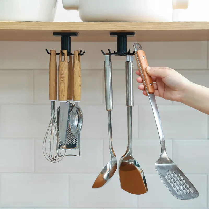 Plastic 360° Rotating Self-Adhesive Waterproof Wall Mounted Rotary Hook Rack with 6-Claw Hanging Storage Organizer - Image 2