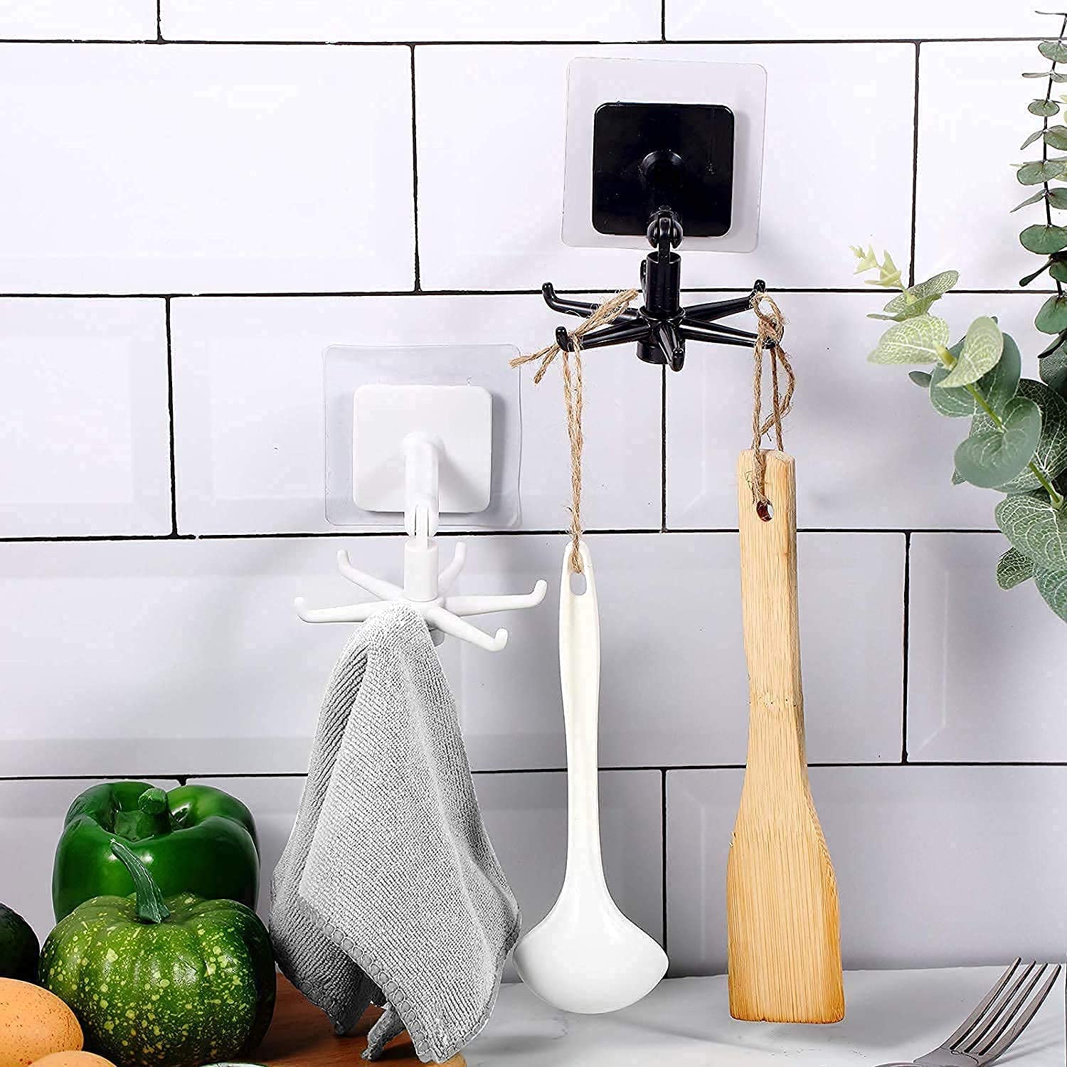Plastic 360° Rotating Self-Adhesive Waterproof Wall Mounted Rotary Hook Rack with 6-Claw Hanging Storage Organizer - Image 5