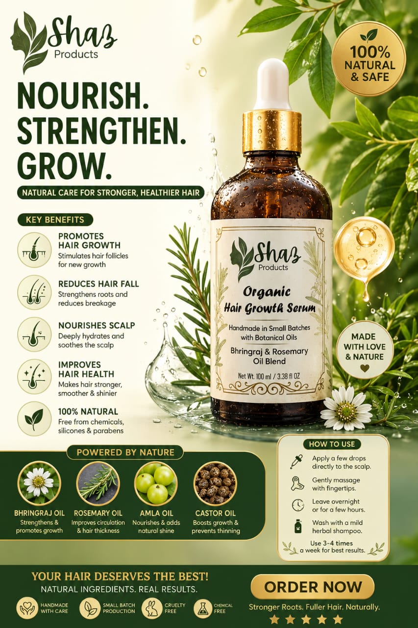 Shaz Beauty Salon-இன் புதிய அறிமுகம் – Organic Hair Growth Serum! ✨ உங்கள் முடி பராமரிப்பில் இயற்கையான மாற்றத்தை கொண்டு வருவதற்காக Shaz Beauty Salon பெருமையுடன் அறிமுகப்படுத்துகிறது Organic Hair Growt - Image 2