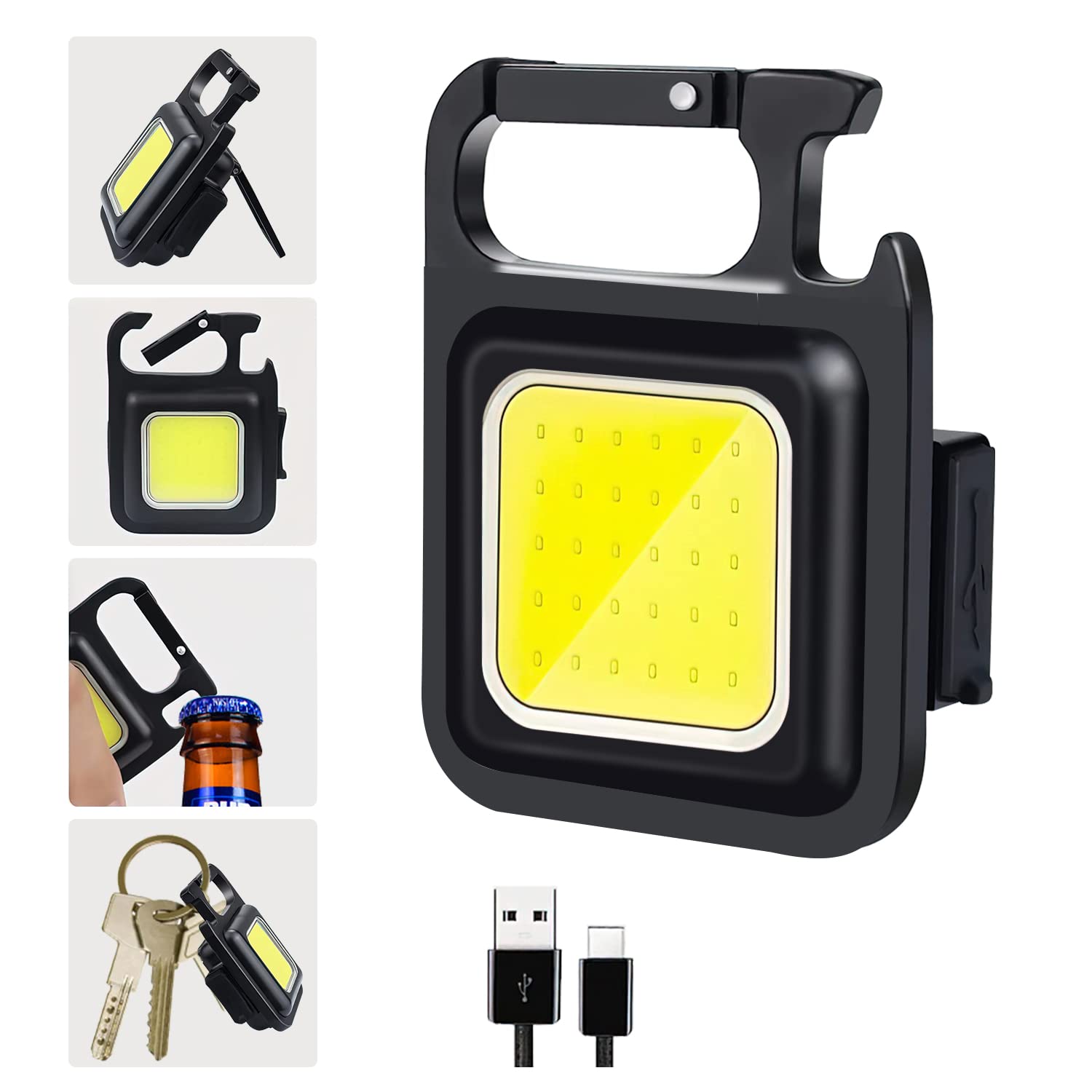 Steel COB Mini LED Flashlight 800Lumens Bright Rechargeable Keychain Mini Flashlight 3 Light Modes Portable Pocket Light with Folding Bracket Bottle Opener and Magnet Base - Image 1
