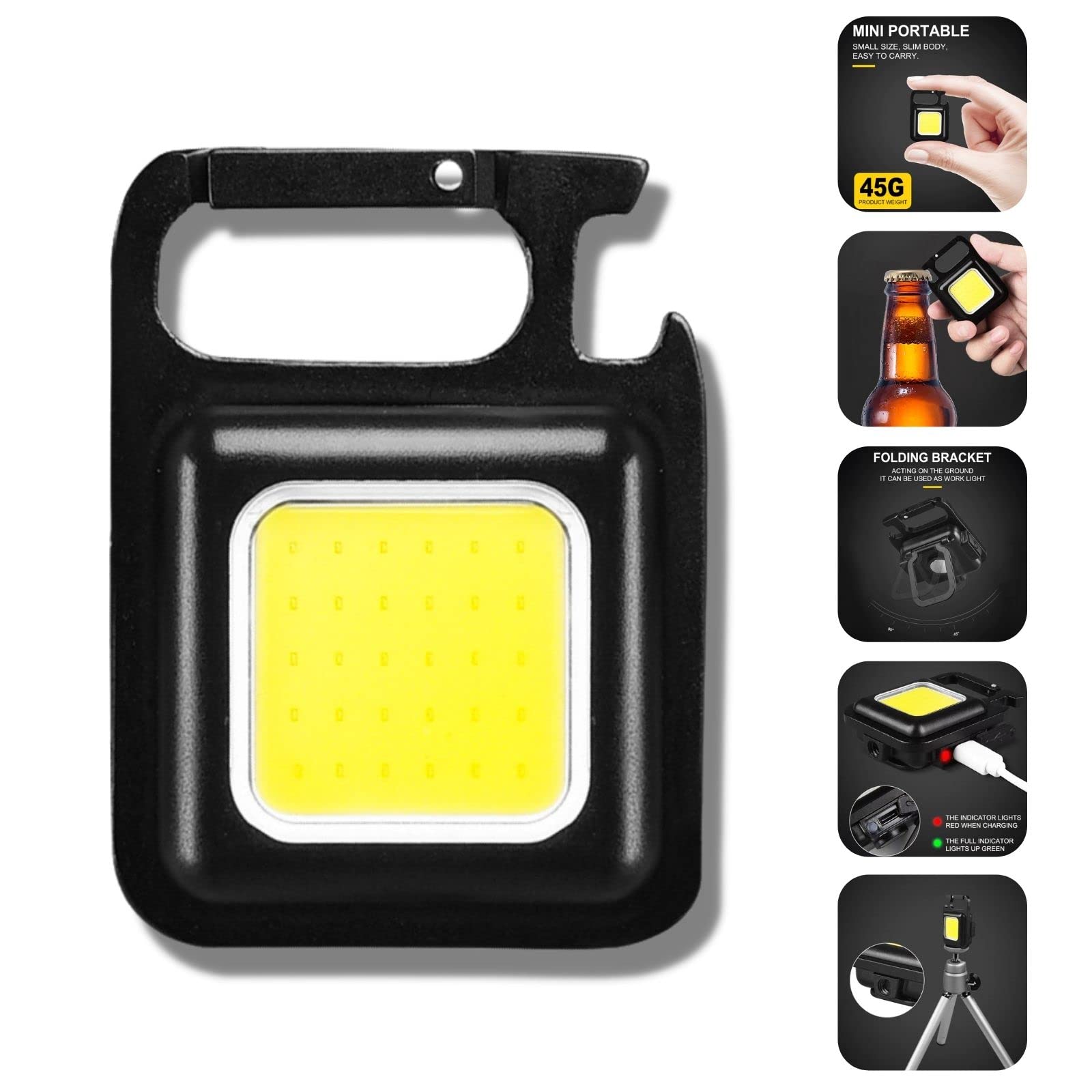 Steel COB Mini LED Flashlight 800Lumens Bright Rechargeable Keychain Mini Flashlight 3 Light Modes Portable Pocket Light with Folding Bracket Bottle Opener and Magnet Base - Image 3
