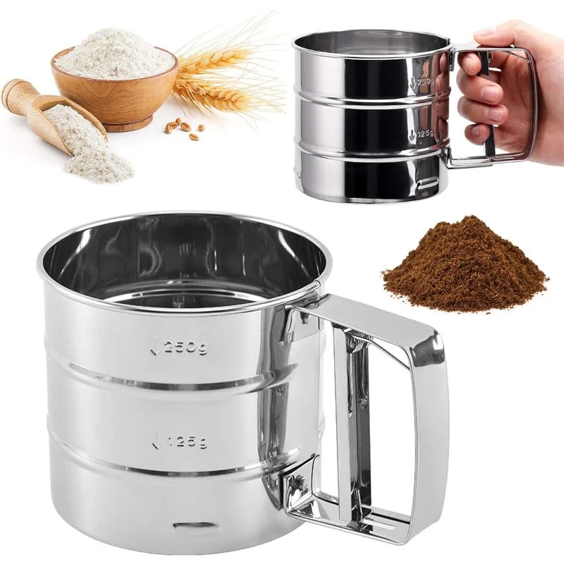 Stainless Steel Flour Sifter Food Strainer Hand-held Reusable Sieve for Flour Cup Shaker With Measuring Scale For Flour Icing Sugar Sifter - Image 4