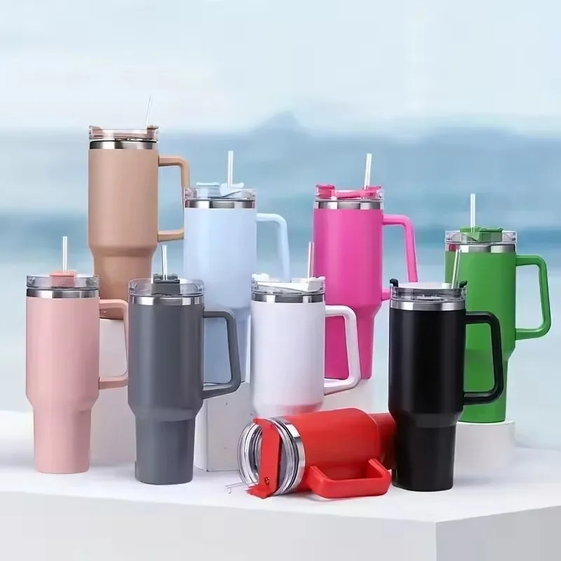 Stainless Steel Vacuum Insulated Tumbler with Handle & Straw – 40oz Leakproof Travel Mug