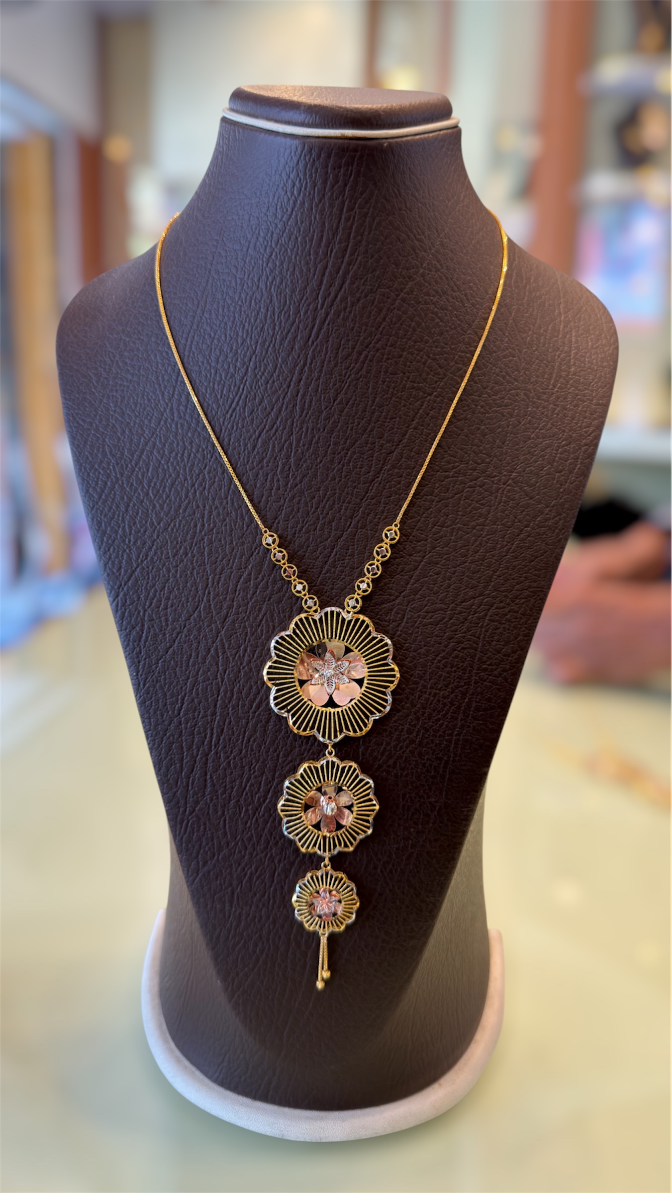Three-Tier Floral Radiance Tri-Tone Gold Pendant Necklace - Image 2