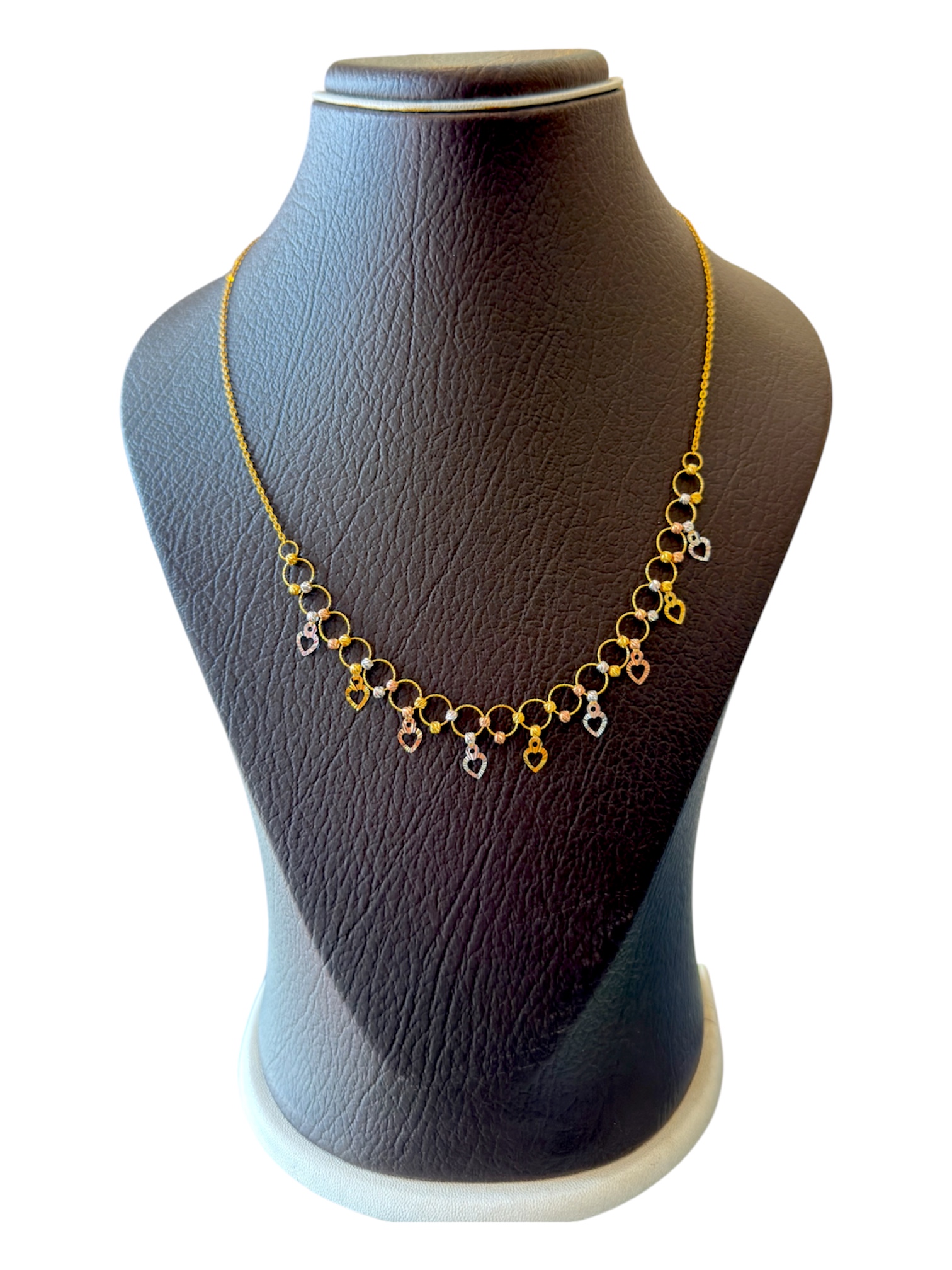 Tri-Color Gold Heart Dangle Link Necklace - Image 3