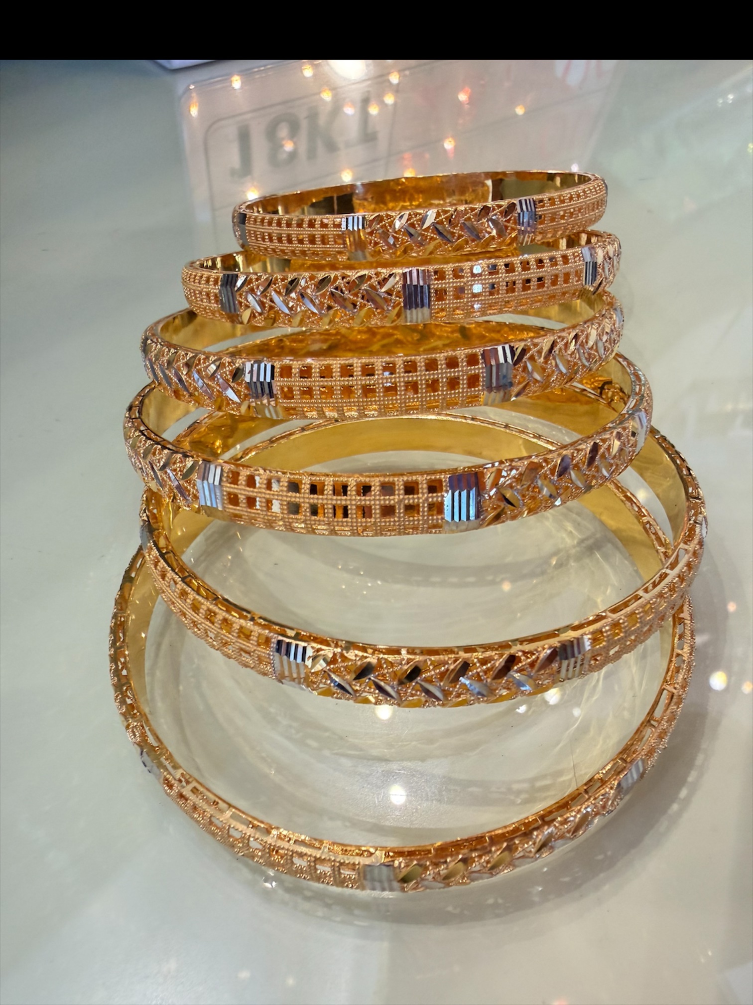 Two-Tone Gold Diamond-Cut Grid Bangles - Image 2