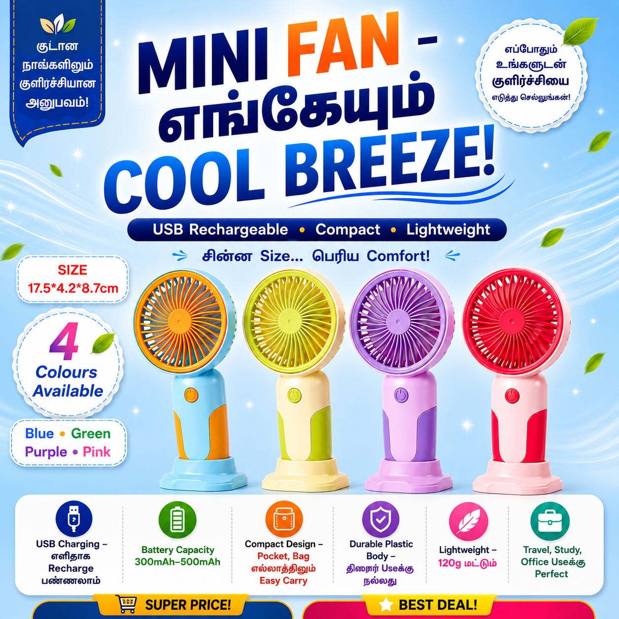 Ultra-Mini Portable Handheld USB Fan - 3 Speed Pocket Fan, Lightweight Rechargeable Personal Cooling Fan for Commuting, Travel & Power Cuts (Model MJ121) - Image 1
