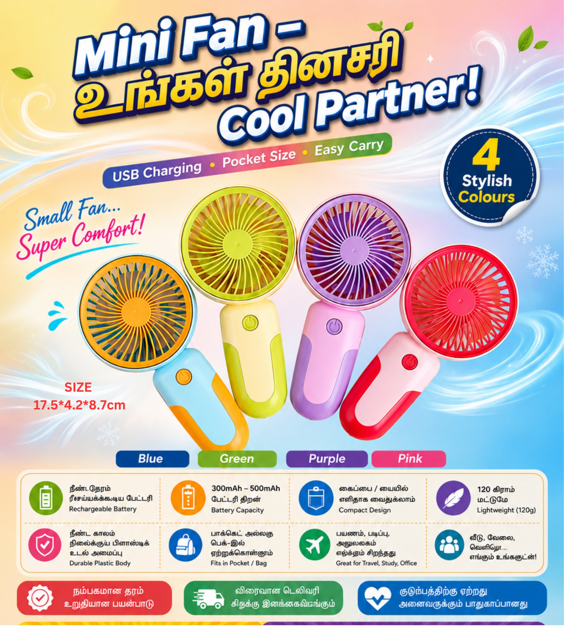 Ultra-Mini Portable Handheld USB Fan - 3 Speed Pocket Fan, Lightweight Rechargeable Personal Cooling Fan for Commuting, Travel & Power Cuts (Model MJ121) - Image 3