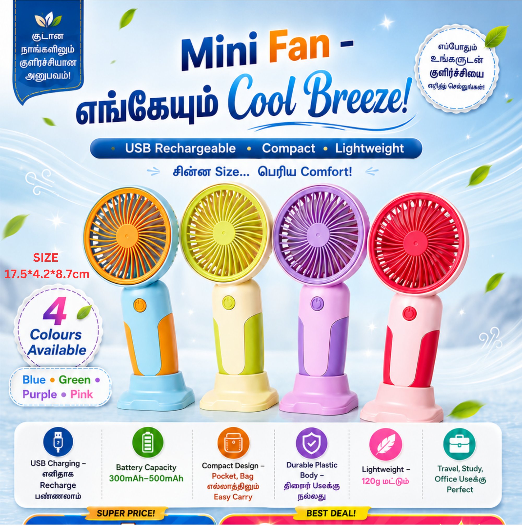 Ultra-Mini Portable Handheld USB Fan - 3 Speed Pocket Fan, Lightweight Rechargeable Personal Cooling Fan for Commuting, Travel & Power Cuts (Model MJ121) - Image 4