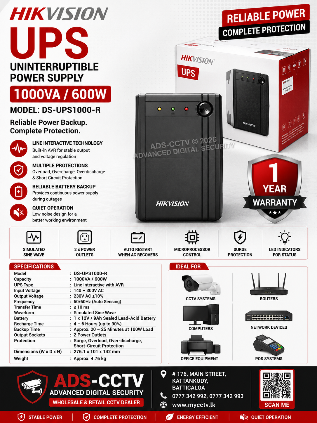 UPS - HIKVISION 1000VA / 600W